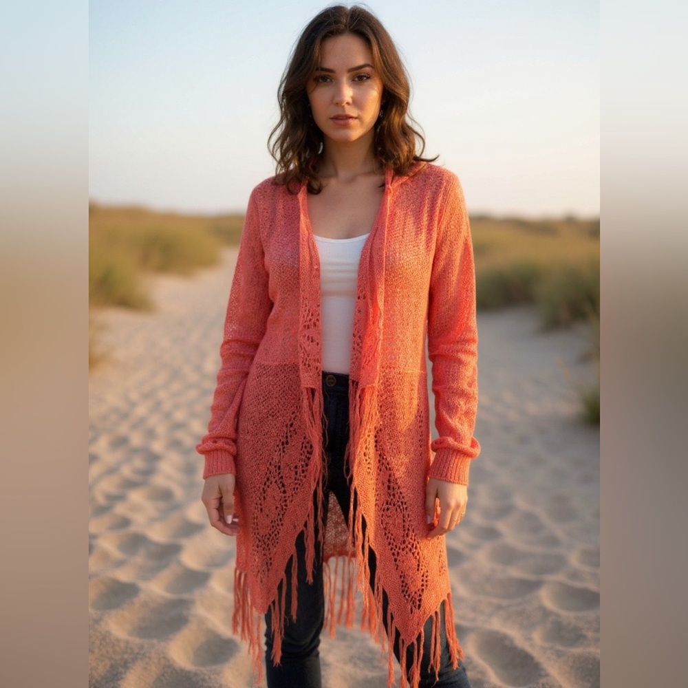 Lightweight Coral Fringe Open-Front Sweater Cardigan